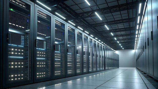 server racks in modern data center cinematic light