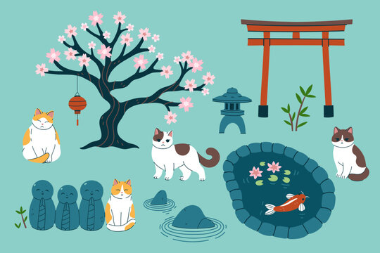 Collection of cats in a Japanese garden. vector image.