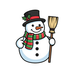 Friendly snowman with hat, scarf, and broom ready for winter holiday cheer