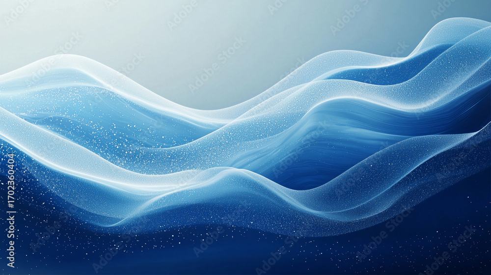 Poster smooth abstract blue waves with flowing lines and sparkling particles on gradient background, genera