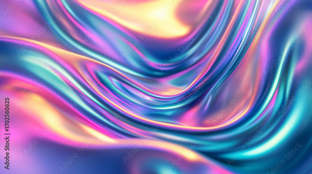 Poster colorful iridescent abstract fabric wave with glossy texture and flowing shapes, generative ai