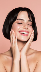 Smiling woman with short black hair, natural makeup, and healthy glowing skin on pastel background