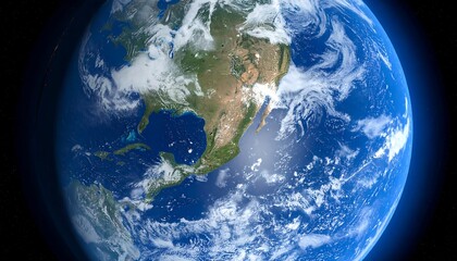 A detailed, vibrant CGI depiction of planet Earth as seen from space, showcasing continents, oceans, and cloud formations