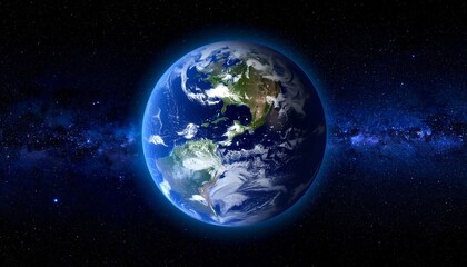 A detailed, vibrant depiction of Earth in space, with visible continents, oceans, and atmosphere, illuminated by a blue glow