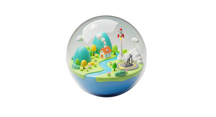 A colorful, whimsical illustration of a small, green house with a red roof, surrounded by lush greenery and a blue sky with fluffy white clouds.