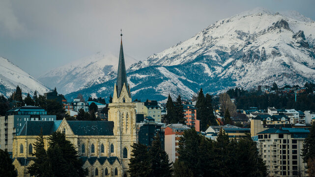 Catedral de Bariloche with Cerro Catedral snowy mountain in Patagonia, Argentina.