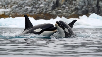 Fototapeta premium Two orcas in frigid waters