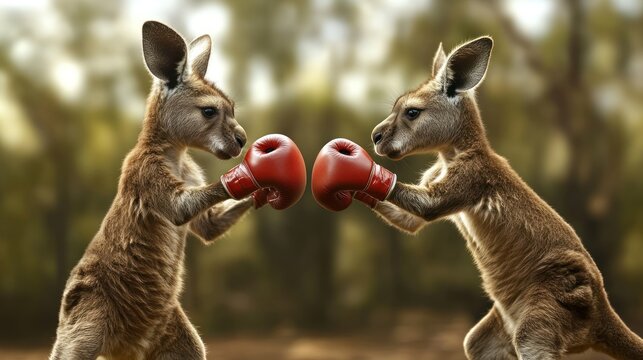 Two young kangaroos in boxing gloves, ready to fight