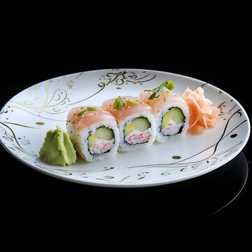 "Sophisticated Sushi Platter: Fresh Salmon and Cucumber Rolls, Fish Roe, Sauce Drizzle, and Wasab