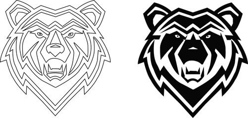 Angry bear face icon, Vector logo of an angry bear. Black and white illustration of a bear head, suitable for tattoos, logos, branding.Bear Head Tattoo. Mascot Creative Design.