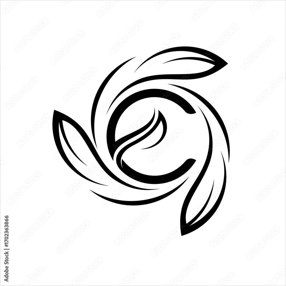 Poster elegant font c logo icon vector with leaf element in line style design