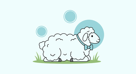 Charming Cartoon Sheep With Adorable Bowtie And Decorative Elements On Pale Background