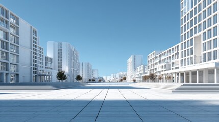 A wide, empty urban plaza with modern buildings around, clean pavement, clear sky, minimalistic style, natural lighting, no people, realistic shadows, perfect for background use, high quality