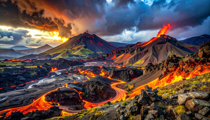 Explosive Lava Fountain and Ash Column at Dusk