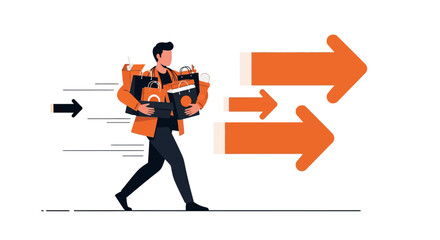 Consumer Rushing With Shopping Bags, Navigating Between Purchase Options, Vector Illustration