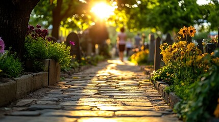 Serene view of a cobblestone pathway surrounded by blooming flowers bathed in warm golden hour sunlight