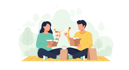 Couple Enjoying Food Outside, Having Fun Together And Celebrating With Desserts