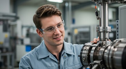 Young male engineer inspecting industrial machinery, focused expression, safety glasses.