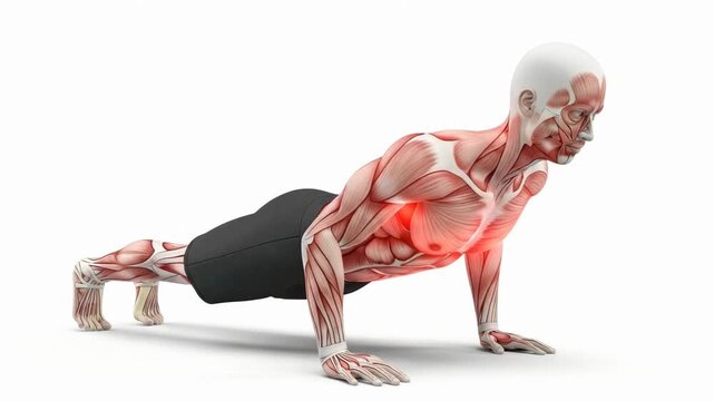 Anatomical visualization of a person performing a push-up exercise illustrating muscle engagement and skeletal system movement for health and fitness.