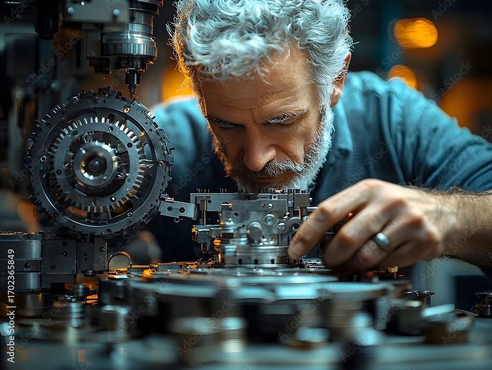 Poster skilled technician meticulously assembling a complex precision mechanical device in a detailed works