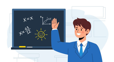 Cheerful Student Raising Hand in Front Of Blackboard Showing Complex Mathematics Equations