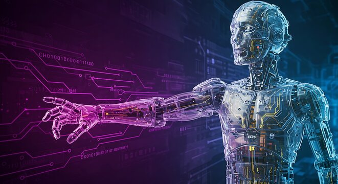 Futuristic humanoid robot with glowing circuitry against a digital background