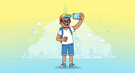 Cheerful Traveler Takes A Selfie With Landmarks, Capturing A Memorable Travel Moment