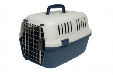 Pet carrier featuring metal grid door, ensuring secure animal transport, lightweight design with sturdy handle, clean transparent backdrop