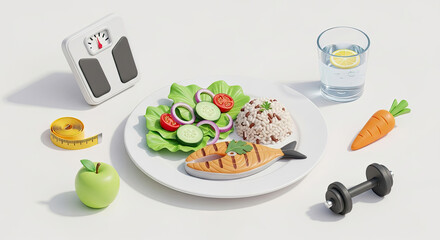 A plate of healthy food with a scale, measuring tape, and a carrot on a white background.