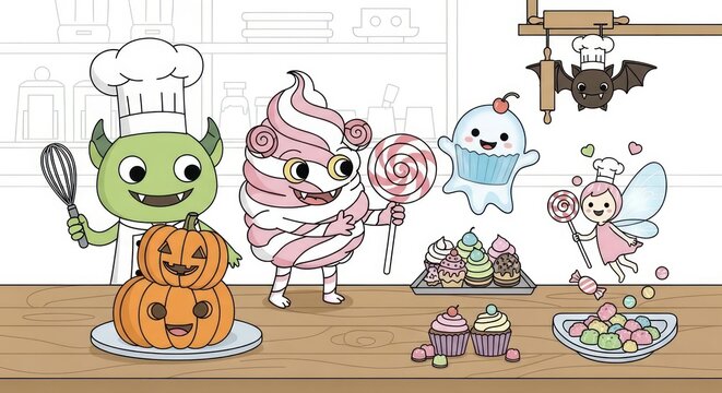 Halloween kuds celebrate helowen with a colorful dessert spread and spooky decorations on a wooden table