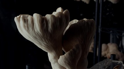 Inside a dim indoor farm, a mature king oyster mushroom stands rooted in a grow block. The camera glides right to left, slowly zooming out to showcase its textured cap and cultivated surroundings.