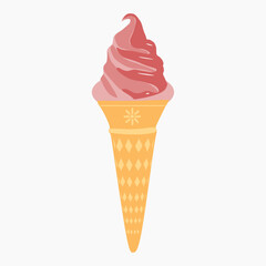 Ice cream vector. Soft pink ice cream in a brown waffle cone. Melted ice cream