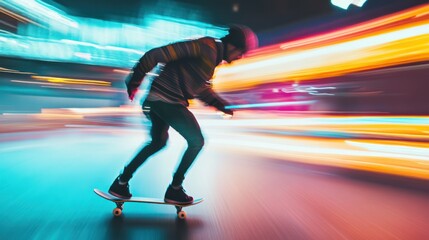Urban skater glides through vibrant night lights.  A dynamic shot of a skateboarder moving quickly through a city at night, with blurred motion creating vibrant streaks of light