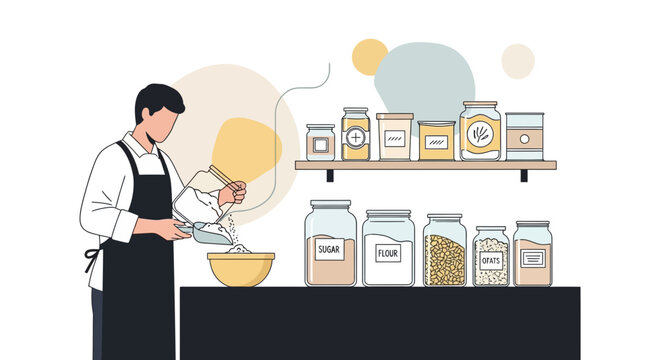 man pouring sugar into bowl, kitchen scene clip art preview