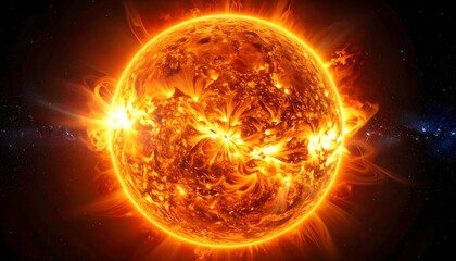 A detailed, vibrant depiction of the sun, a radiant, fiery orb with dynamic flares. Glowing corona surrounds it