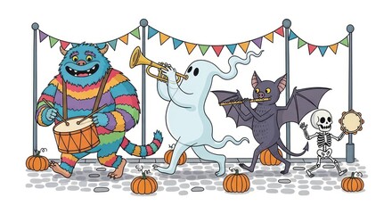 Naklejka premium Colorful Halloween characters including a blue monster, ghost, bat, and skeleton dancing on a cobblestone street with pumpkins and festive bunting, conveying a spooky yet playful mood.