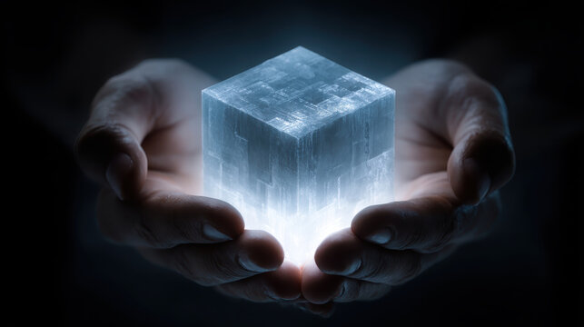 Glowing cube human hands futuristic energy light