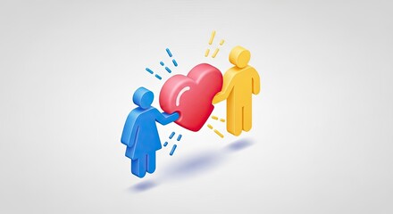 Two colorful heart-shaped objects, one blue and one yellow, are holding a large red heart in their hands against a white background.