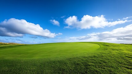 Fototapeta premium A vibrant green golf flag marks the hole on a pristine putting green, symbolizing the target of the game