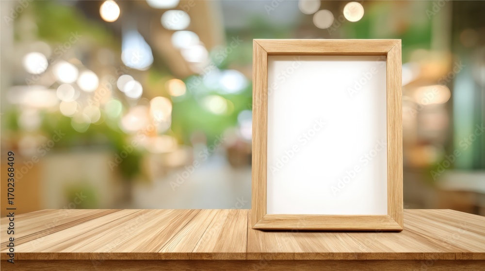 Aufkleber wooden frame mockup on table with blurred background for advertisement and display