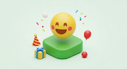 Obraz premium A cheerful emoji face with a big smile, surrounded by colorful confetti and balloons on a green background.