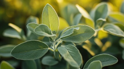 Obraz premium Close-up of fresh sage leaves bathed in sunlight