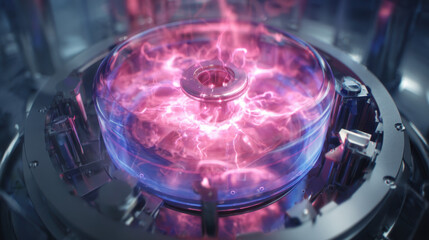 Futuristic glowing plasma core pulses with electric energy in high tech lab