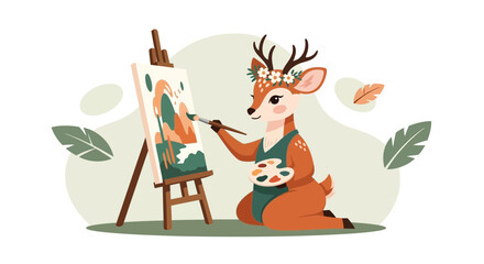 Deer Artist Paints A Floral Scene Depicting Nature And Botanical Elements