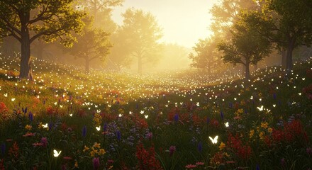 Obraz premium A dreamlike valley with glowing butterflies.