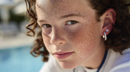 An ear with two earrings is shown, along with curly hair, against a blurred background featuring a swimming pool, lounge chairs, and outdoor umbrellas.