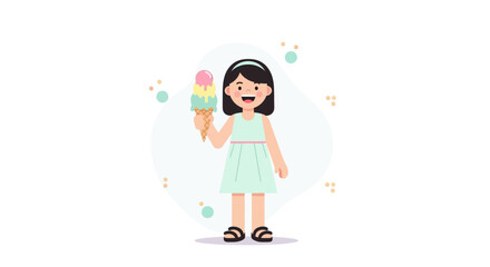 Delighted Girl Holding a Colorful Ice Cream Cone on a Bright, Neutral Background.
