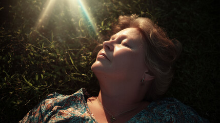 A person lying on grass wearing patterned clothing, sunlight streaming in from the top, highlighting parts of the grass and hair, creating a calm, outdoor setting.