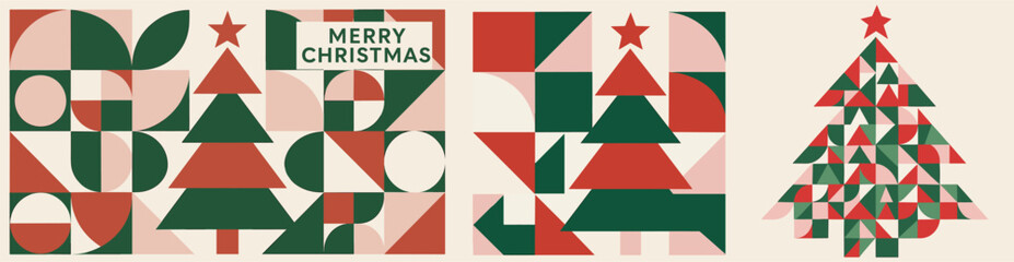 Abstract geometric Christmas tree vector illustration with red, green, and beige shapes. Modern festive design with Merry Christmas text for holiday greetings.