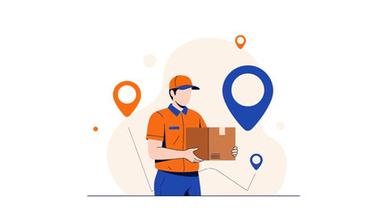 Delivery Courier Presenting Package with Location Markers Depicting Shipment Route Arriving Shortly